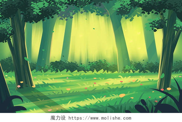 卡通静谧森林草地近景插画森林插画